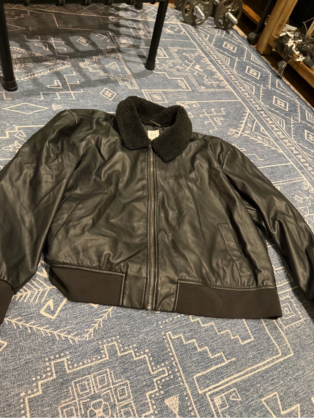 GAP Black Leather Bomber Jacket with Sherpa Collar